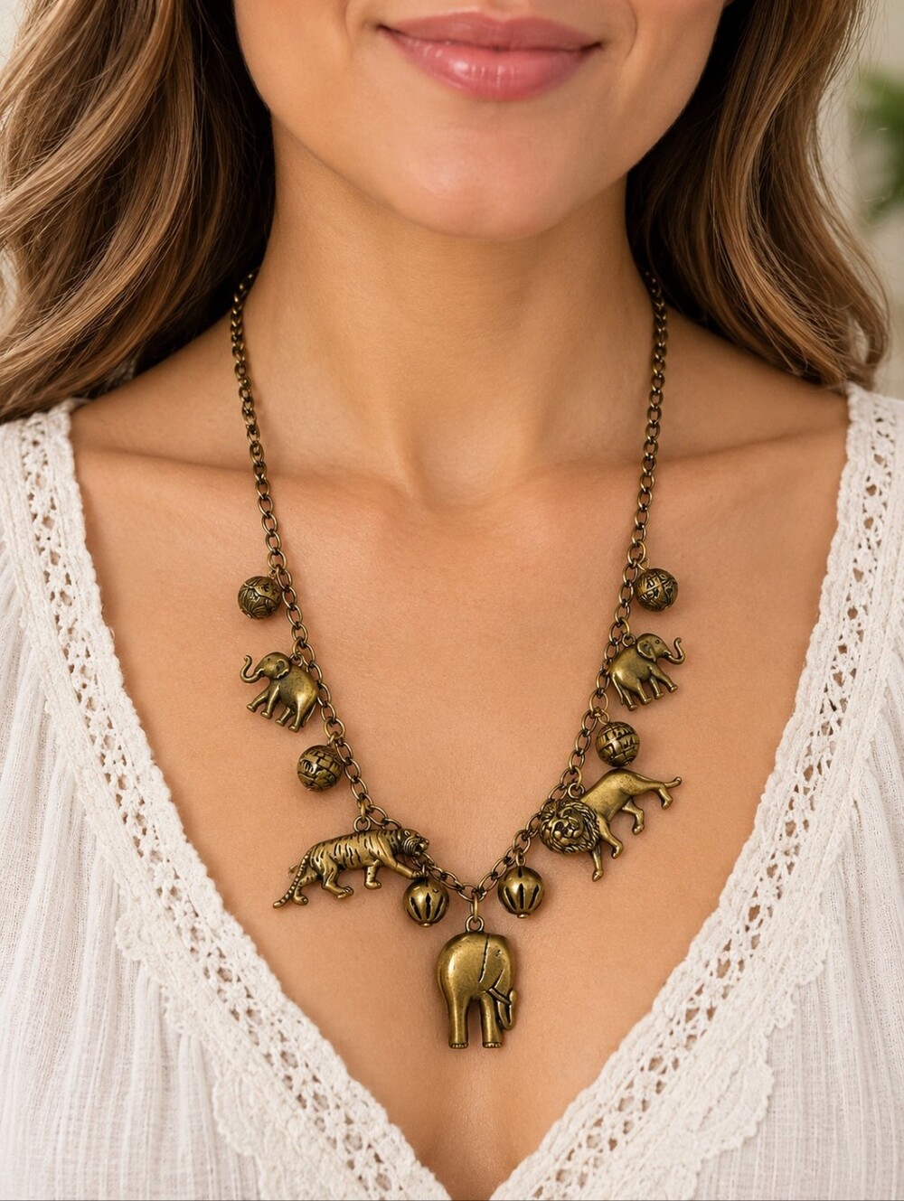 Vintage Antique Gold Elephant African Safari Charm Necklace